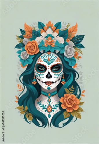 a woman with a catrina skull face painting and flowers headdress on her head on green background