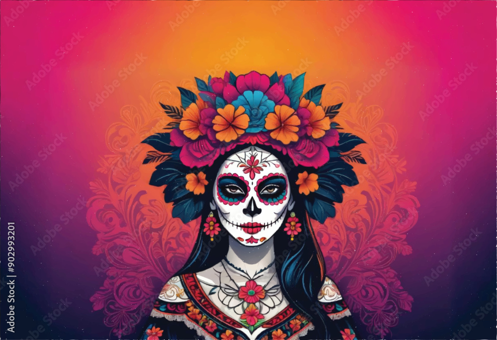 a woman with a catrina skull face painting and costume with flowers headdress on her head a woman with a catrina skull face painting and costume with flowers headdress on her head