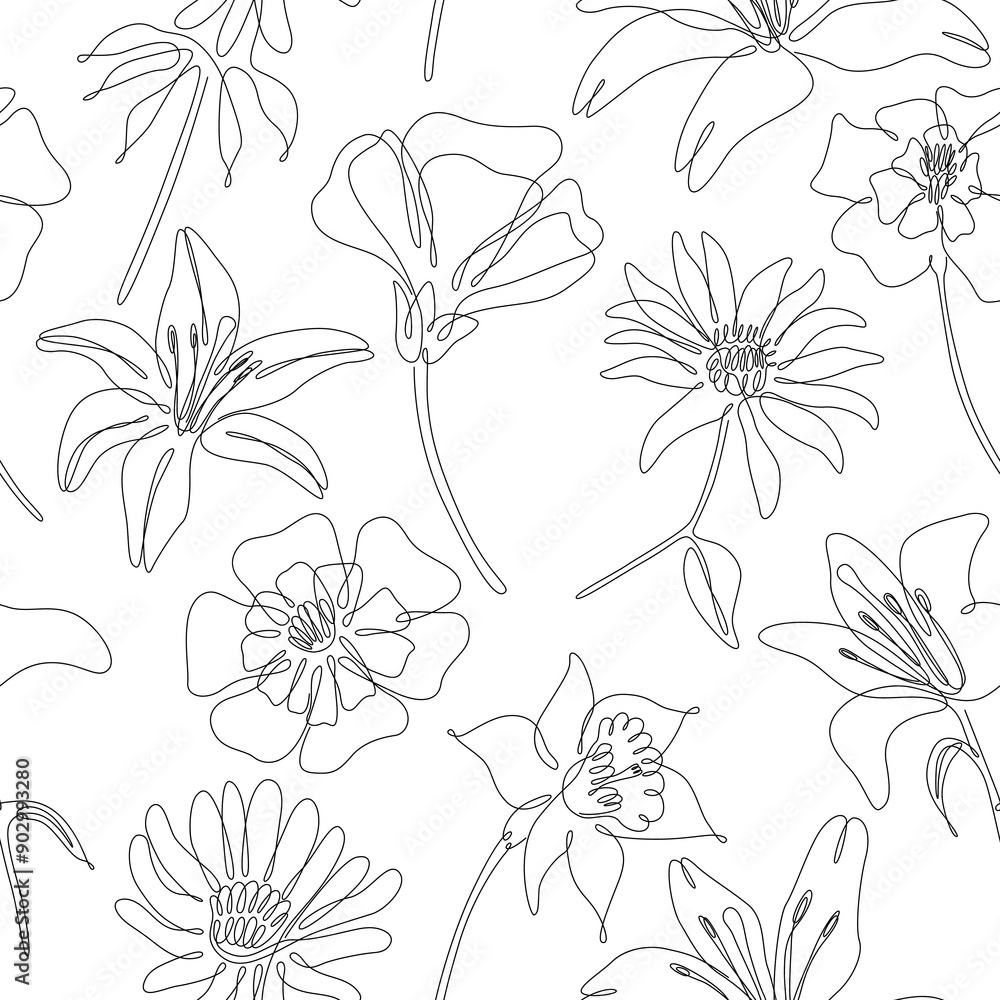 Seamless pattern with hand drawn flowers. Continuous line floral background. Hand drawn. Seamless pattern with hand drawn flowers. Continuous line floral background. Hand drawn.