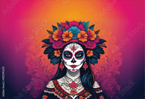 a woman with a catrina skull face painting and costume with flowers headdress on her head