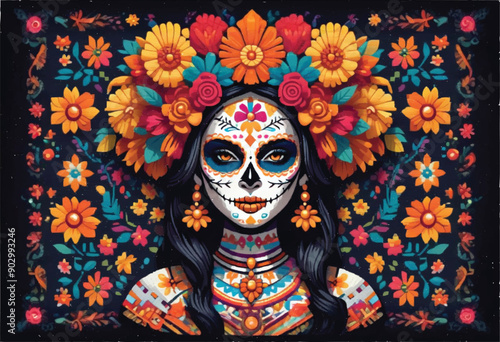 a woman with a catrina skull face painting and flowers headdress and costume decorated with flowers