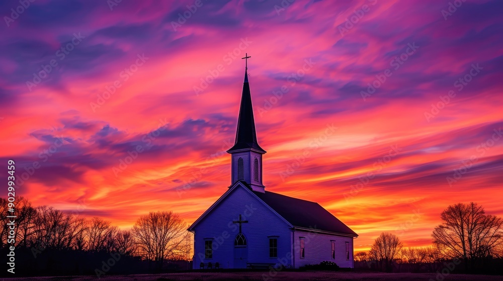 Obraz premium Church steeple silhouetted against a vibrant sunset, with warm hues painting the sky.