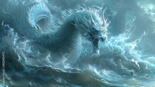 Ocean Dragon: A majestic, icy blue dragon emerges from the tempestuous waves, its scales shimmering with ethereal light. The creature's imposing presence fills the canvas, evoking a sense of awe and w