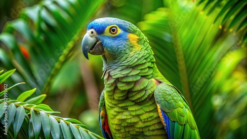 Bluefronted Parrot Perched Among Tropical Foliage in a Lush Forest Environment. Generative AI photo