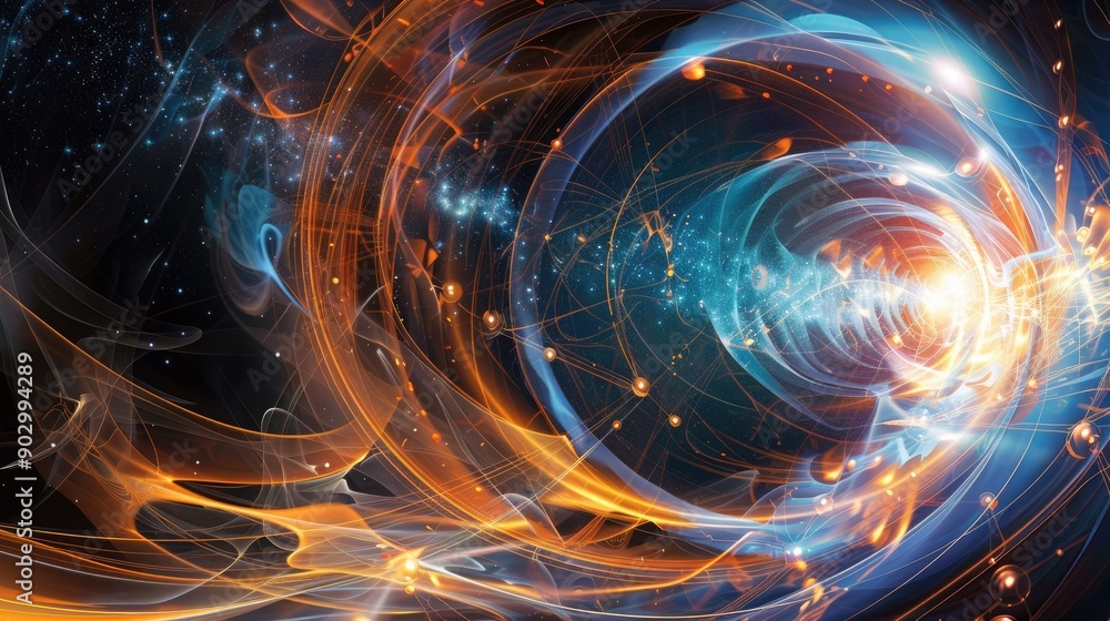 Obraz premium Communication symbols and swirling data lines on an energetic background, emphasizing connectivity