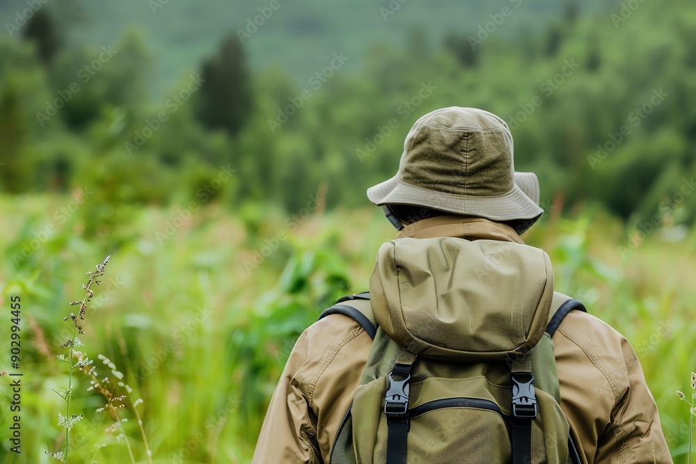 Biologist observing wetland flora in a forest, ecological research, habitat study Biologist observing wetland flora in a forest, ecological research, habitat study