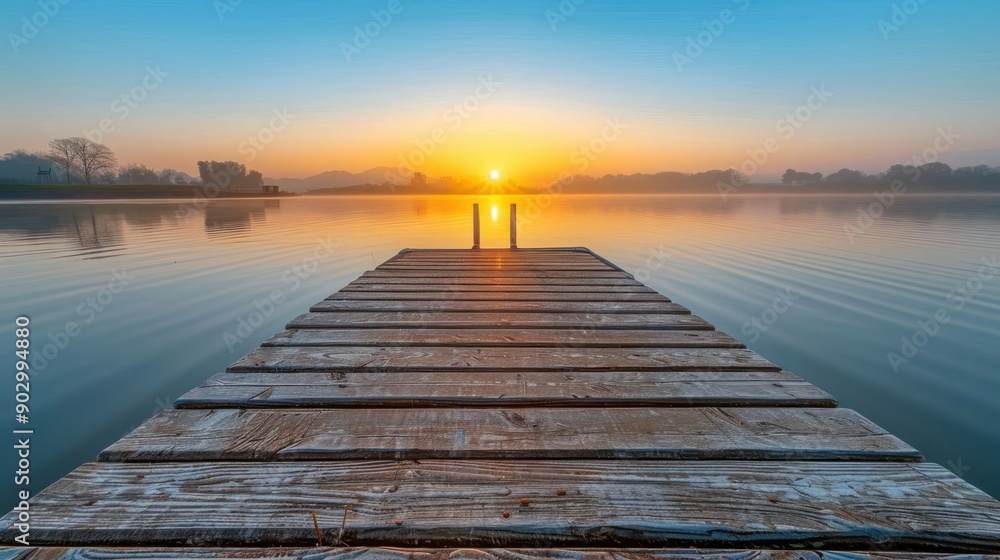 A wooden pier with a dock and a small boat A wooden pier with a dock and a small boat