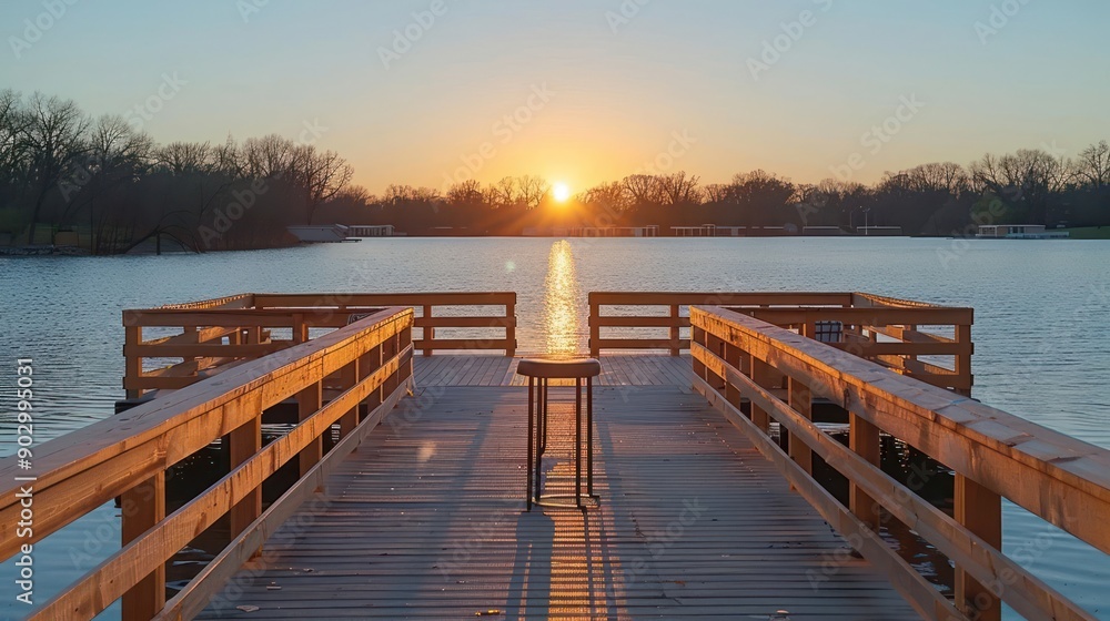 Fototapeta premium A wooden pier with a table and chairs on it