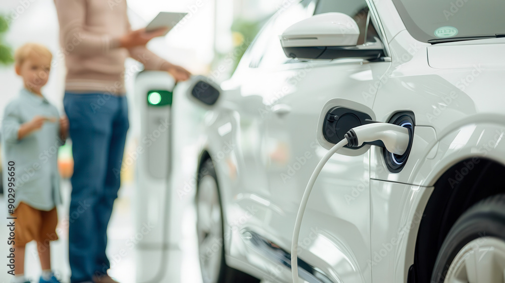 Close-up of an electric car charging while a person holds a tablet in the background, reflecting modern eco-friendly technology. Close-up of an electric car charging while a person holds a tablet in the background, reflecting modern eco-friendly technology.