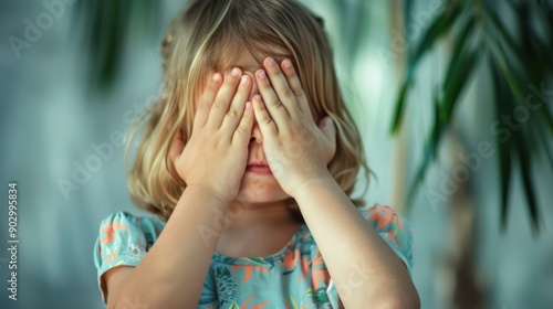 Child covering eyes playfully during a game of hide-and-seek