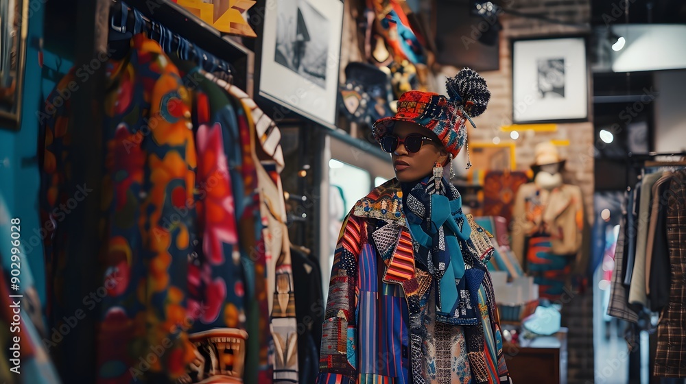 Fototapeta premium Illustration of A quirky fashion designer with a bold and colorful aesthetic, dressed in a mix of eclectic patterns and textures, showcasing their latest collection in a trendy, urban boutique. Ai Gen