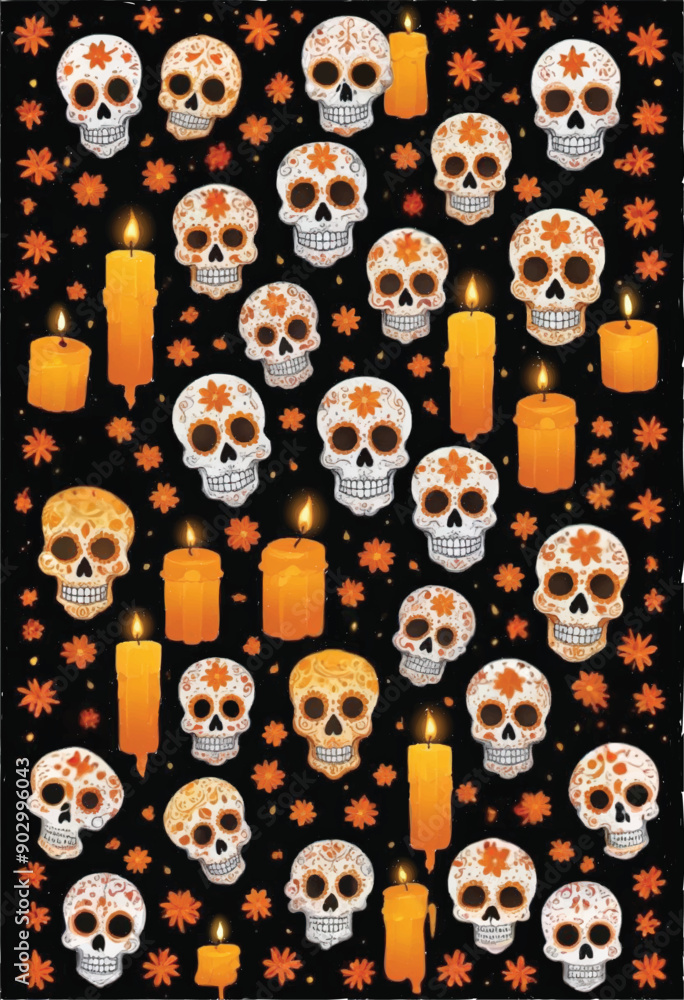 seamless pattern design of day of the dead sugar skulls with marigold flowers and candles on it seamless pattern design of day of the dead sugar skulls with marigold flowers and candles on it