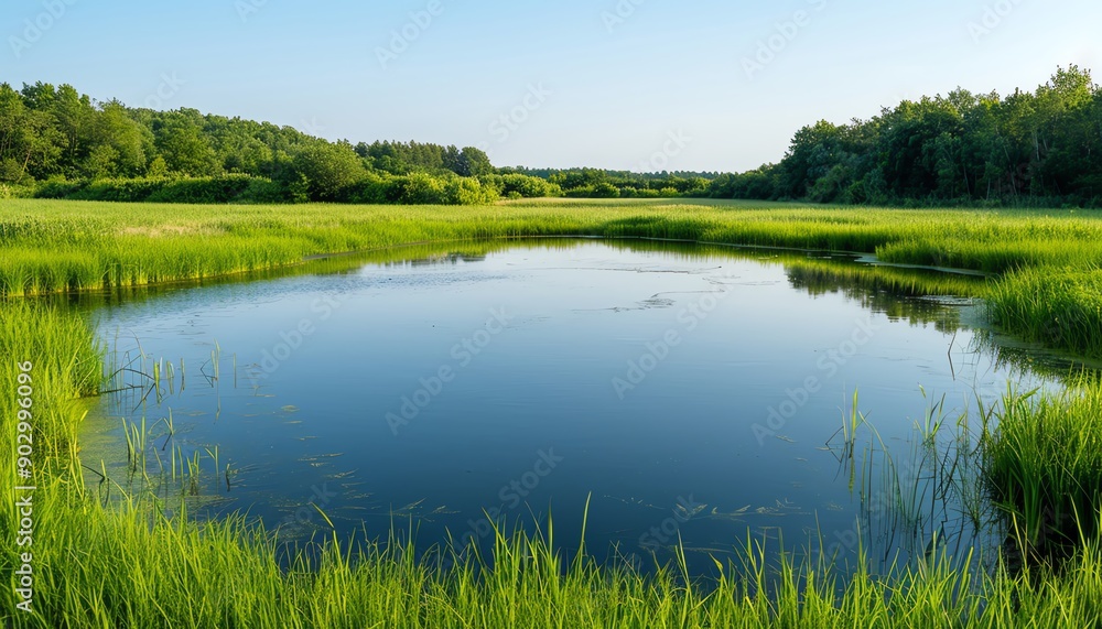 Reconstructed wetlands in a park for natural filtration, water restoration, habitat protection Reconstructed wetlands in a park for natural filtration, water restoration, habitat protection