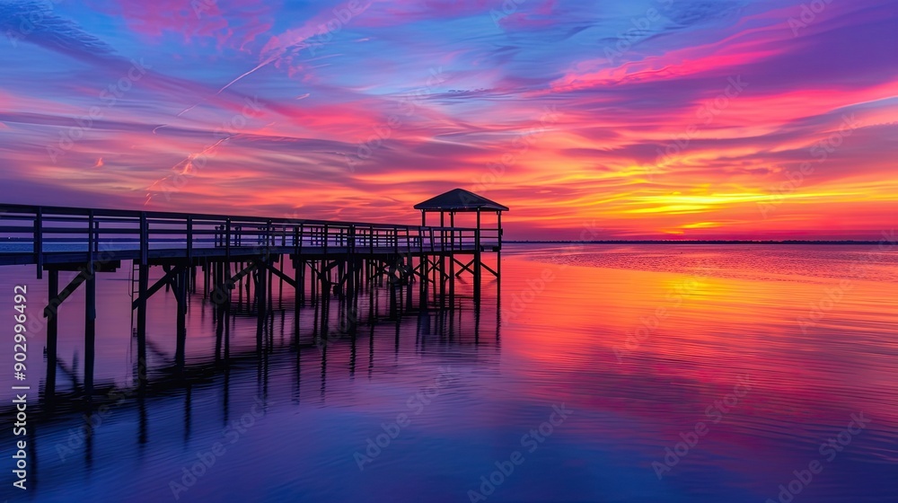 Fishing pier extending into the lake, silhouetted against a vibrant dusk sky, creating a tranquil scene. Fishing pier extending into the lake, silhouetted against a vibrant dusk sky, creating a tranquil scene.