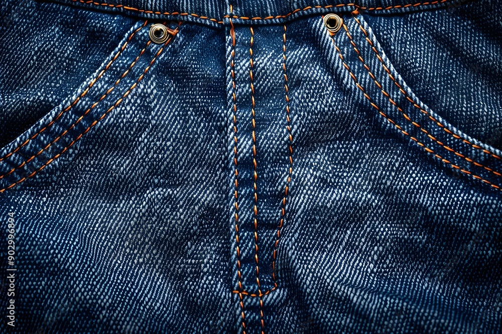 Close-Up of Denim Fabric with Distinctive Stitching and Rivets Close-Up of Denim Fabric with Distinctive Stitching and Rivets