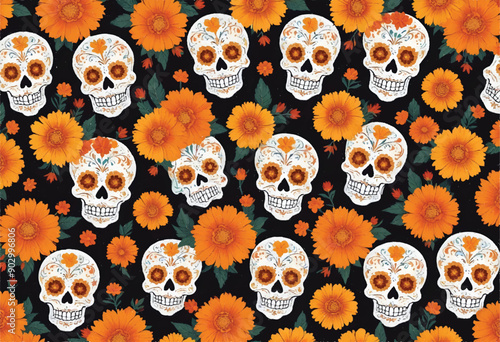 a colorful day of the dead floral pattern with sugar skulls and marigold flowers with leaves