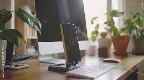 Wallpaper Mural A person is typing on a phone that is on a stand. The phone is white and the person is using a keyboard. The scene is set in a room with a window and a potted plant Torontodigital.ca