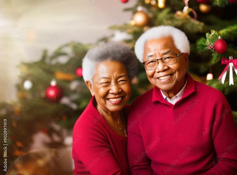 An elderly Asian couple by the Christmas tree An elderly Asian couple by the Christmas tree