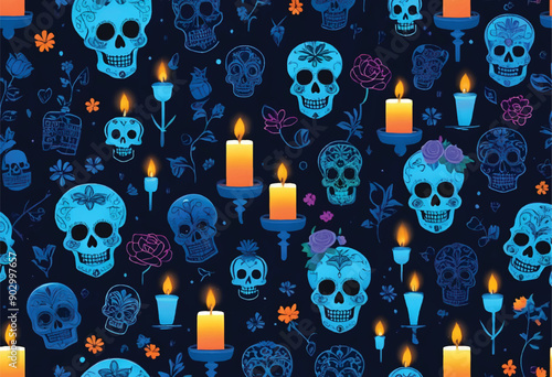 day of the dead wallpaper seamless pattern with sugar skulls, marigold flowers and candles on it
