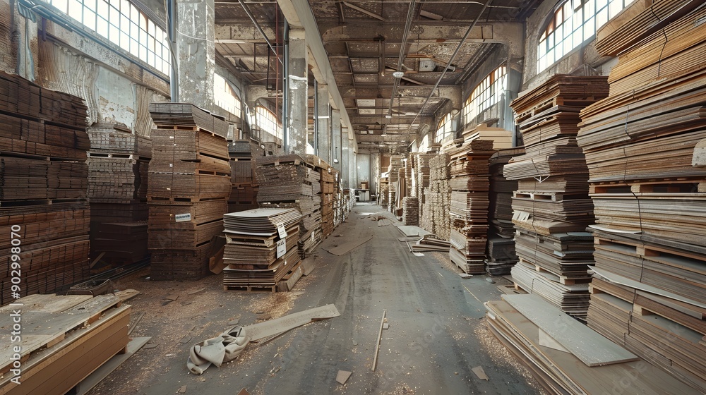 Abandoned Warehouse Filled with Stacked Wooden Pallets and Dusty Floors Abandoned Warehouse Filled with Stacked Wooden Pallets and Dusty Floors
