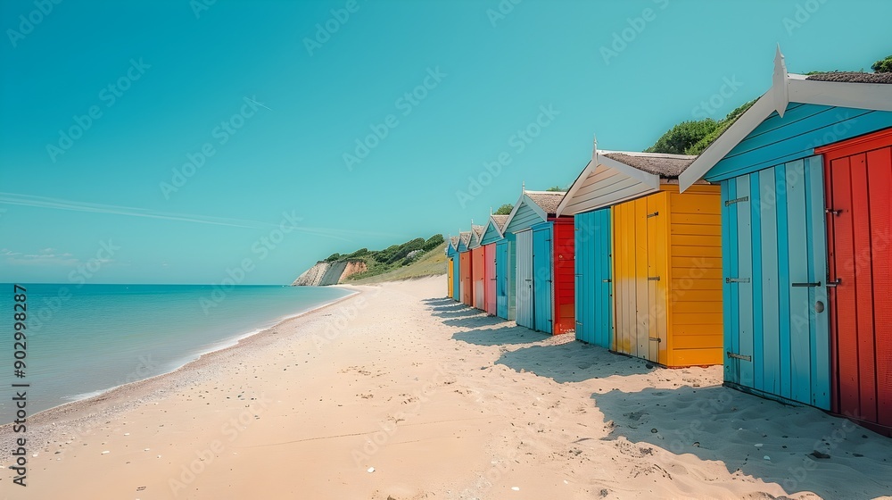 Colorful Beach Huts Lined Up on Serene Sandy Coastline with Calm Ocean Colorful Beach Huts Lined Up on Serene Sandy Coastline with Calm Ocean