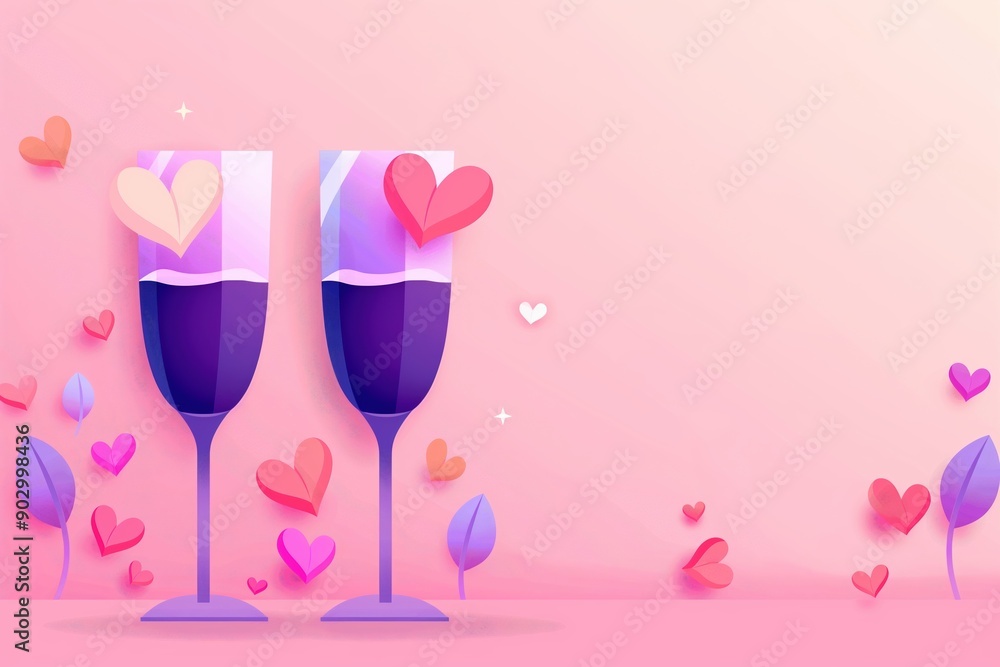 Two champagne glasses with hearts on pink background surrounded by leaves, romantic theme Two champagne glasses with hearts on pink background surrounded by leaves, romantic theme