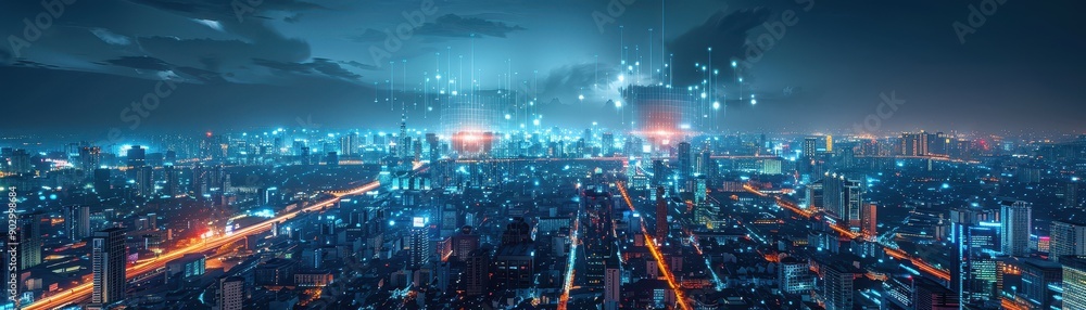A city skyline at night with a lot of lights. The city is lit up and the sky is cloudy A city skyline at night with a lot of lights. The city is lit up and the sky is cloudy
