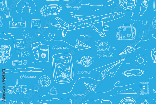 Trendy seamless travel pattern in doodle style. Suitcase, baggage, plane, fly, ticket, postcard, flight, boarding pass, clouds, view from the window, postage stamp, passport stamp, passport, route