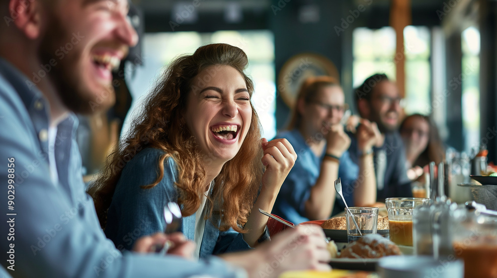 A moment captured of colleagues sharing a hearty laugh, with some mid-bite or holding utensils, right third copy space. Care, Support, Harmony A moment captured of colleagues sharing a hearty laugh, with some mid-bite or holding utensils, right third copy space. Care, Support, Harmony