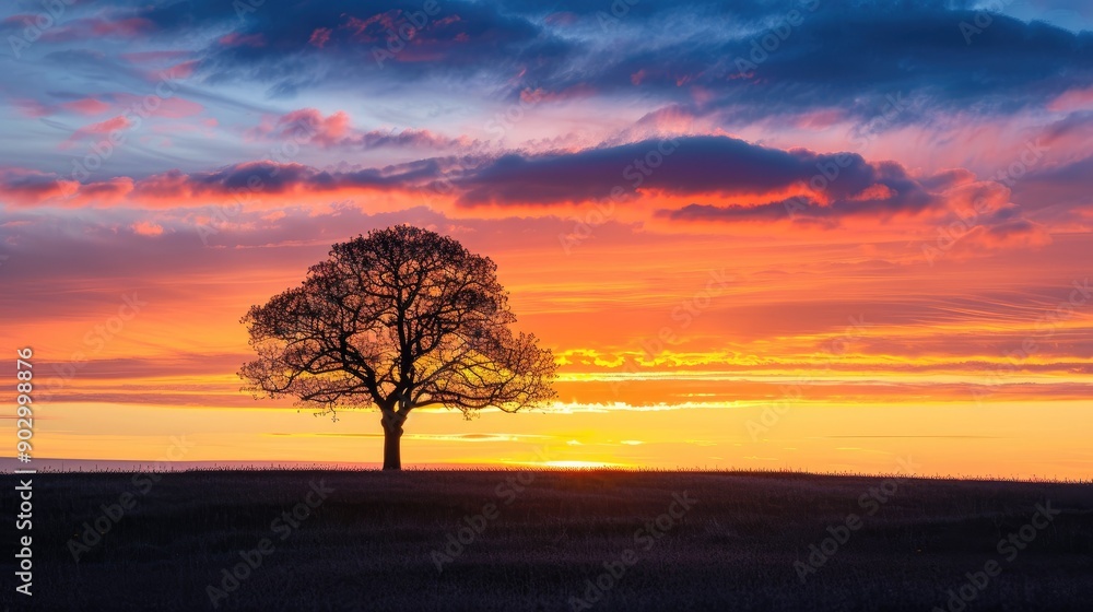 Lone tree in silhouette set against a brilliant sunset, capturing the tranquility of nature Lone tree in silhouette set against a brilliant sunset, capturing the tranquility of nature