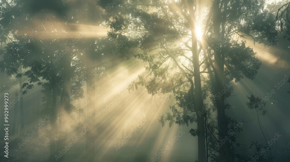Fototapeta premium Morning light breaking through a foggy forest, casting an enchanting silhouette of the trees.