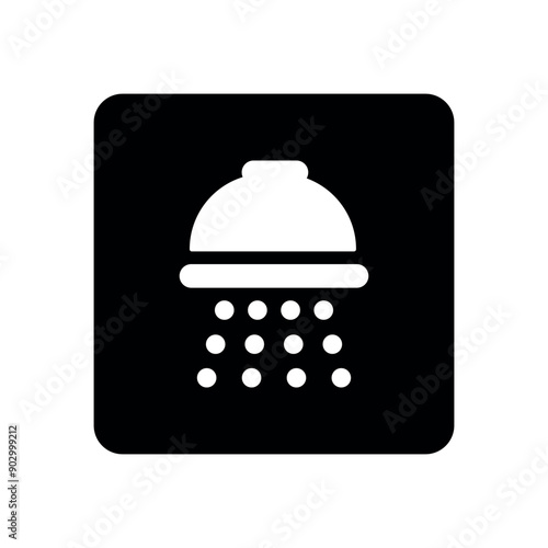 Shower Vector Flat Icon On White Background. White Bathroom Symbol on Black Geometric Square Shape. Washroom and Toilet Housewares.