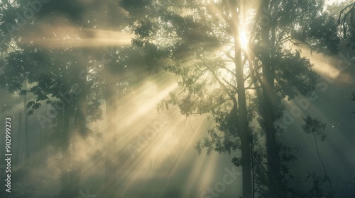 Morning light breaking through a foggy forest, casting an enchanting silhouette of the trees.