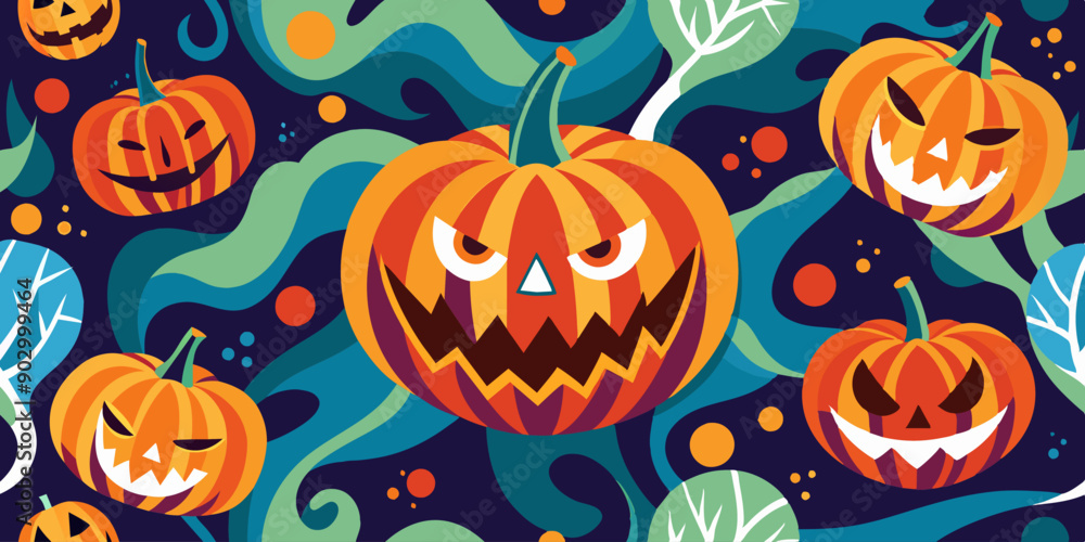 Pattern with pumpkins and ghosts on blue background. A seamless pattern featuring pumpkins and ghosts on a blue background, perfect for Halloweenthemed designs Pattern with pumpkins and ghosts on blue background. A seamless pattern featuring pumpkins and ghosts on a blue background, perfect for Halloweenthemed designs