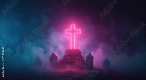 Halloween party with a spooky graveyard setup and fog effects