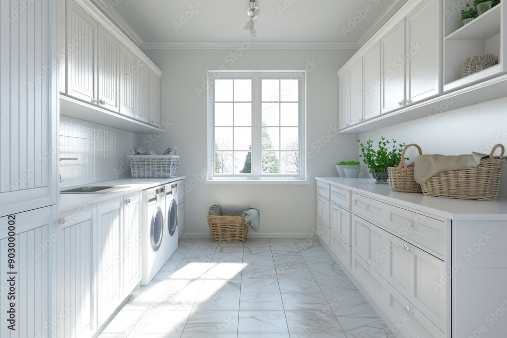 A bright and airy laundry room featuring state-of-the-art appliances and ample counter space for folding and sorting. Perfect for a busy household. A bright and airy laundry room featuring state-of-the-art appliances and ample counter space for folding and sorting. Perfect for a busy household.