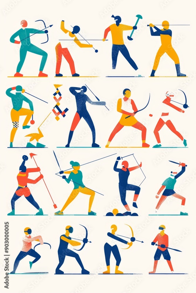 A grid of simple, flat-color characters representing Olympic sports like fencing, archery, rowing, and boxing A grid of simple, flat-color characters representing Olympic sports like fencing, archery, rowing, and boxing