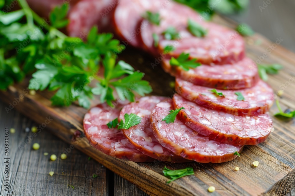 A mouthwatering arrangement of sliced sausage on a rustic wooden cutting board, garnished with fresh parsley leaves. Perfect for a quick snack or appetizer. A mouthwatering arrangement of sliced sausage on a rustic wooden cutting board, garnished with fresh parsley leaves. Perfect for a quick snack or appetizer.