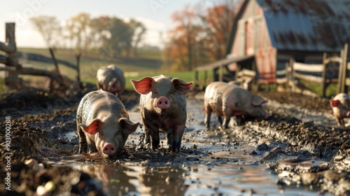 a group of pigs wallowing in a muddy pen on a sunny day, with a barn in the background