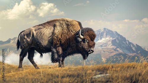 a mighty bison standing on a grassy plain with mountains in the distance