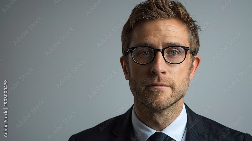 Confident Professional: A portrait of a man in a suit and glasses, exuding confidence and professionalism. His gaze is direct and unwavering, conveying a sense of determination and focus. The image c Confident Professional: A portrait of a man in a suit and glasses, exuding confidence and professionalism. His gaze is direct and unwavering, conveying a sense of determination and focus. The image c