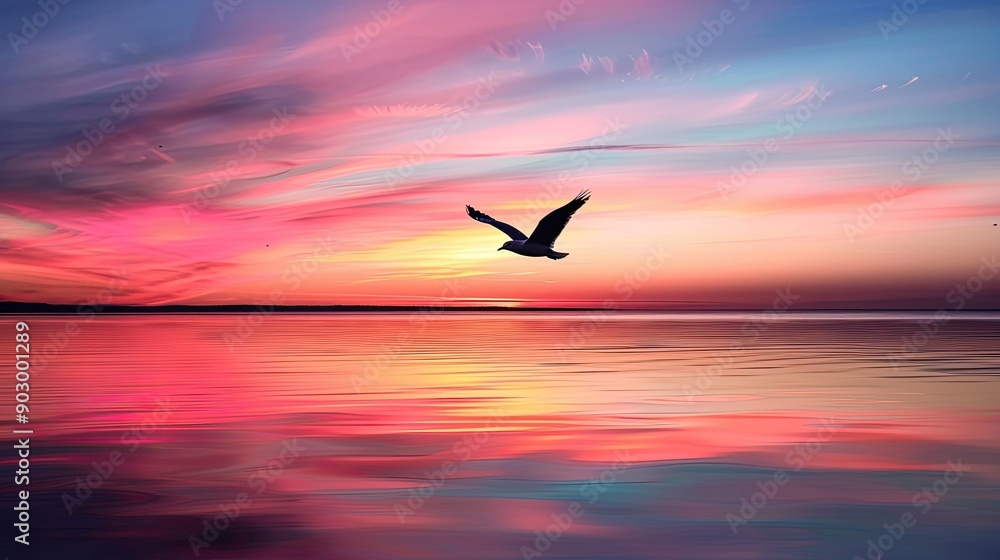 Fototapeta premium Silhouette of a bird in flight over a calm lake at sunset, with a vibrant sky creating a serene scene.