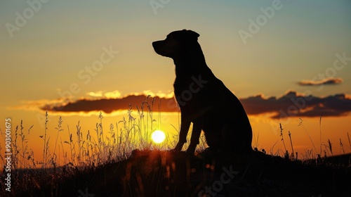 Silhouette of a dog on a hill, with the last light of the day creating a stunning sunset backdrop.