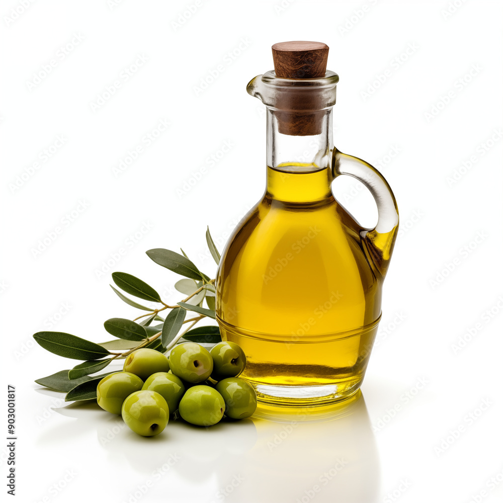 Olive Oil Bottle with Green Olives and Branch Olive Oil Bottle with Green Olives and Branch