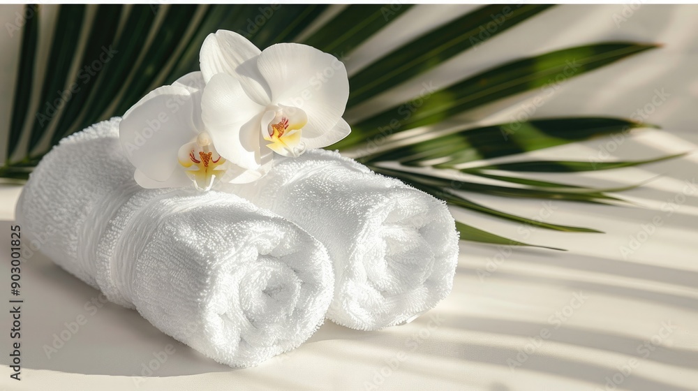 Resort, beauty, spa concept. Advertising, background for spa salon with white terry folded towels and orchid flowers Resort, beauty, spa concept. Advertising, background for spa salon with white terry folded towels and orchid flowers