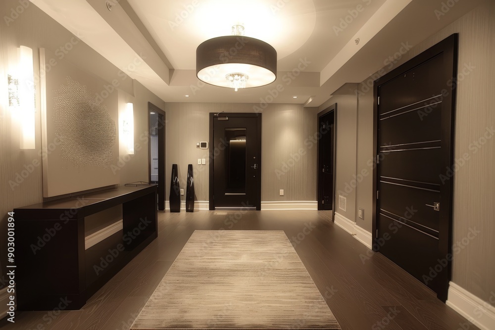 A sleek and modern entryway featuring a show-stopping lighting fixture that sets the tone for a stylish home. The fixture's unique design adds a touch of sophistication to the space. A sleek and modern entryway featuring a show-stopping lighting fixture that sets the tone for a stylish home. The fixture's unique design adds a touch of sophistication to the space.
