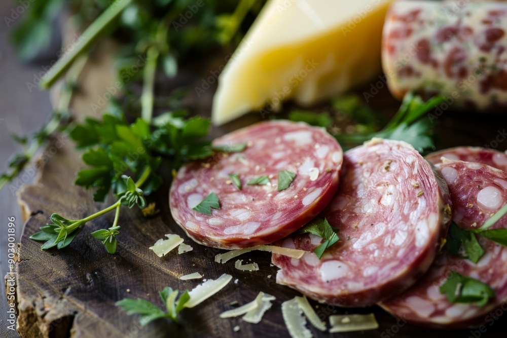 A shallow depth of field image capturing the beauty of sliced sausage, cheese, and fresh herbs arranged artistically on a wooden surface. A shallow depth of field image capturing the beauty of sliced sausage, cheese, and fresh herbs arranged artistically on a wooden surface.