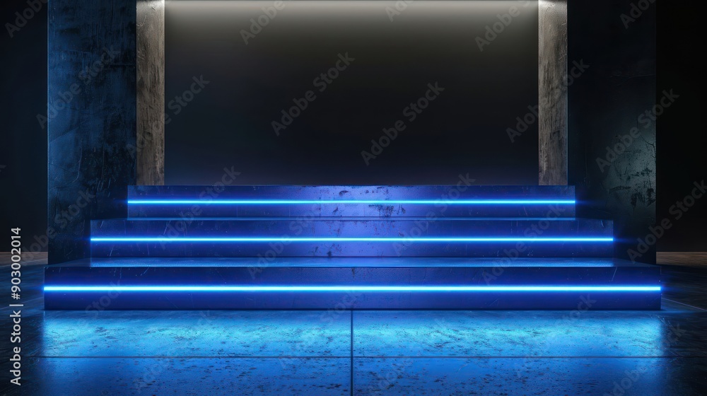 A blue staircase with a black background A blue staircase with a black background