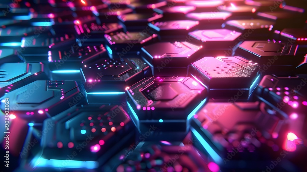 Fototapeta premium A futuristic geometric background with a grid of neon-lit hexagons