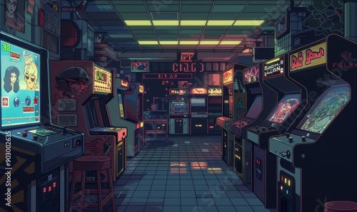 Nostalgic 80s arcade video games in pixel art minimal surrounded by retro futuristic aesthetics, Generative AI photo